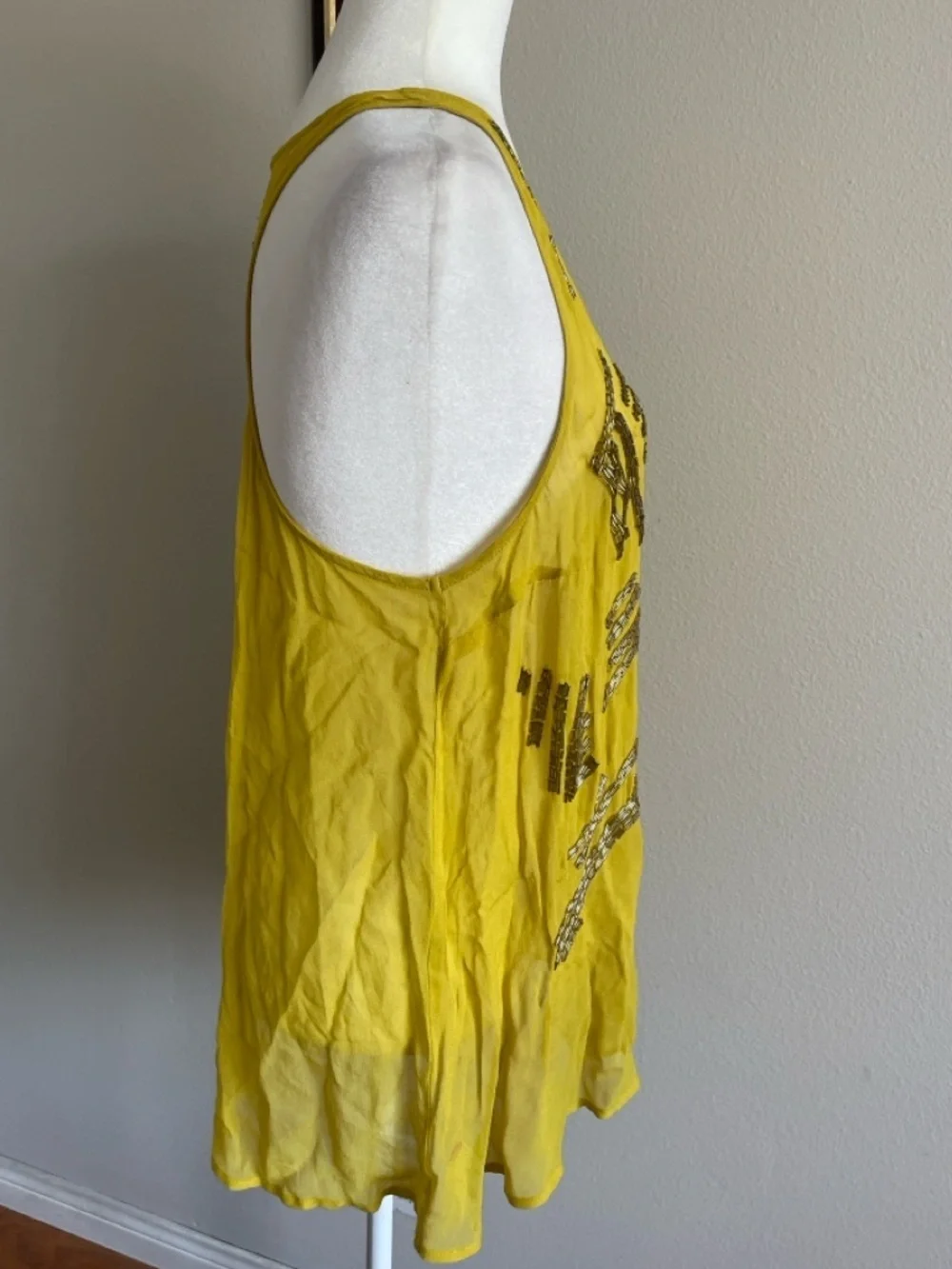 Free People Yellow Beaded V-Neck Women's Tank Top Size M